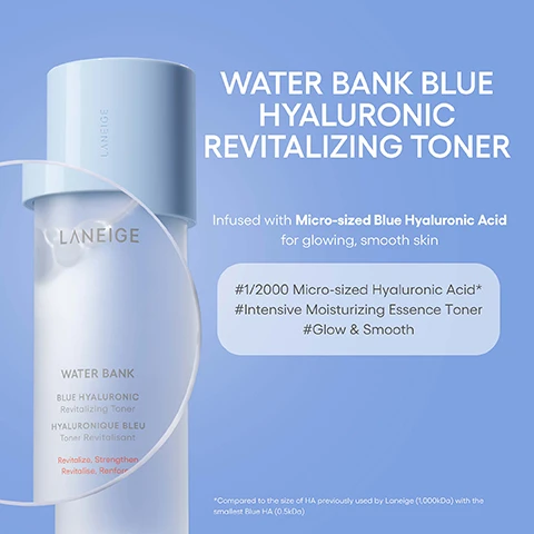 Image 3 - A light blue Laneige Water Bank Blue Hyaluronic Revitalizing Toner bottle, featuring a frosted clear body and a light blue cap, is displayed against a blue background with abstract white liquid lines, accompanied by text that reads: WATER BANK BLUE HYALURONIC REVITALIZING TONER Infused with Micro-sized Blue Hyaluronic Acid for glowing, smooth skin #1/2000 Micro-sized Hyaluronic Acid* #Intensive Moisturizing Essence Toner #Glow & Smooth *Compared to the size of HA previously used by Laneige (1,000kDa) with the smallest Blue HA (0.5kDa), and the bottle itself shows LANEIGE HYALURONIQUE BLEU Toner Revitalisant Revitalize, Strengthen Revitalise, Renfor. Image 4 - A light blue and white Laneige Water Bank Blue Hyaluronic Revitalizing Toner bottle is shown diagonally with a white text box overlay on the left, featuring the visible text LANEIGE WATER BANK BLUE HYALURONIC Revitalizing Toner HYALURONIQUE BLEU Toner Revitalisant Revitalize, Strengthen Revitalise, Renforce Gentle softening & smoothing Formulated for dry/normal skin to help soften and smooth skin while reducing flakiness. Image 5 - A graphic of three clear, interconnected spheres resembling water molecules or bubbles, against a light blue gradient background with smaller floating bubbles, accompanied by the text Intensive moisturizing essence toner with 81.1% Beta Pro-nol Complex™* A first-step toner that hydrates skin, improving its natural ability to retain moisture and helping to better absorb the next skincare. *Beta Pro-nol Complex™: A complex of beta-glucan, probiotics** and panthenol **Limited to lactobacillus ferment lysate.