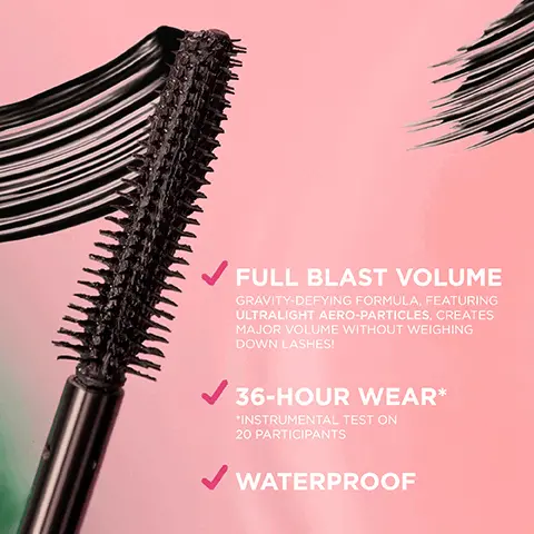 Image 1, FULL BLAST VOLUME GRAVITY-DEFYING FORMULA, FEATURING ULTRALIGHT AERO-PARTICLES, CREATES MAJOR VOLUME WITHOUT WEIGHING DOWN LASHES! 36-HOUR WEAR* *INSTRUMENTAL TEST ON 20 PARTICIPANTS WATERPROOF Image 2, BEFORE TOTALLY BANGIN' No Retouching
