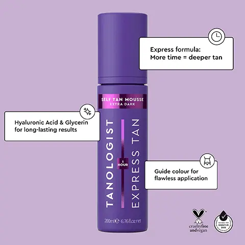 Image 1, EXPRESS TAN Express formula: More time = deeper tan Guide colour for flawless application Hyaluronic Acid & Glycerin for long-lasting results. Image 2, HOW TO APPLY SELF-TAN MOUSSE STEP 1 Spray onto dry skin STEP 2Blend with a tanning mitt using large circular motions SELF TAN MOUSSE EXTRA DARK STEP 3 Shower 1 hour after application IST NV. STEP 4 Wash hands thoroughly after application
