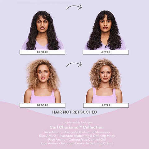 Image 1 - Image shows two women in a side-by-side comparison labeled before and after, showcasing their curly hairstyles with improved texture; visible text includes Curl Charisma™ Collection, Rice Amino + Avocado Hydrating Shampoo, Rice Amino + Avocado Hydrating & Defining Mask, Rice Amino + Quinoa Frizz Control Gel, Rice Amino + Avocado Leave-In Defining Crème, and HAIR NOT RETOUCHED.
              Image 2 - Image shows various ingredients for hair care: rice amino acids, quinoa extract, tomato fruit ferment, and keratin amino acids, each with a description of their benefits for hair health, including sealing cuticles and enhancing texture.
              Image 3 - Two tubes of Briogeo Curl Charisma hair care products are displayed on a light purple background, with the text Curl Charisma™ Collection moisturizes and helps to define + de-frizz curls.
              Image 4 - A circular graphic on a light pink background promoting 6-free hair care with labels stating NO Silicones, NO Harsh Sulfates, NO Parabens, NO Phthalates, NO DEA, and NO Artificial Dyes, along with icons indicating that the product is vegan, cruelty-free, and gluten-free.