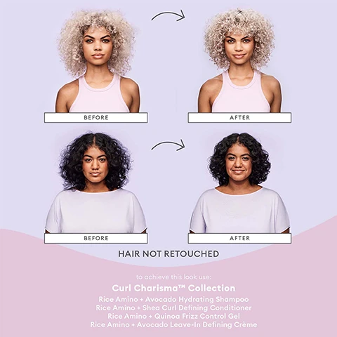 Image 1 - The image shows two women with curly hair, with each of them displayed in a before and after format; the top features a woman with blonde curls and the bottom features a woman with dark curls, both with the text BEFORE and AFTER next to them, and additional text at the bottom listing products from the Curl Charisma Collection, including Rice Amino + Avocado Hydrating Shampoo and others.
              Image 2 - Image shows three cosmetic ingredients with descriptions: rice amino acids, avocado oil, and quinoa extract; visible text includes rice amino acids seals the hair cuticle to lock out environmental moisture that causes frizz, avocado oil an antioxidant-rich moisturizer that softens and hydrates curls and coils, quinoa extract nourishes and enhances the texture of curls.
              Image 3 - A text image describing Briogeos Curl Charisma Conditioner, stating it is all natural and loaded with goodness for a healthy scalp and hair, with the source credited to Byrdie.
              Image 4 - Image of Briogeos Curl Charisma Collection featuring several hair care products in white and purple packaging arranged aesthetically with an avocado and some scattered ingredients, accompanied by the text Curl Charisma Collection moisturizes and helps to define + de-frizz curls.
              Image 5 - A tube of Briogeo Curl Charisma leave-in defining crème is situated next to half an avocado on a light purple background, with visible text saying hydrate and define curls.
              Image 6 - A circular graphic promoting 6-free hair care, highlighting six exclusions: NO Silicones, NO Harsh Sulfates, NO Parabens, NO Phthalates, NO DEA, and NO Artificial Dyes, with vegan, cruelty-free, and gluten-free icons at the bottom.