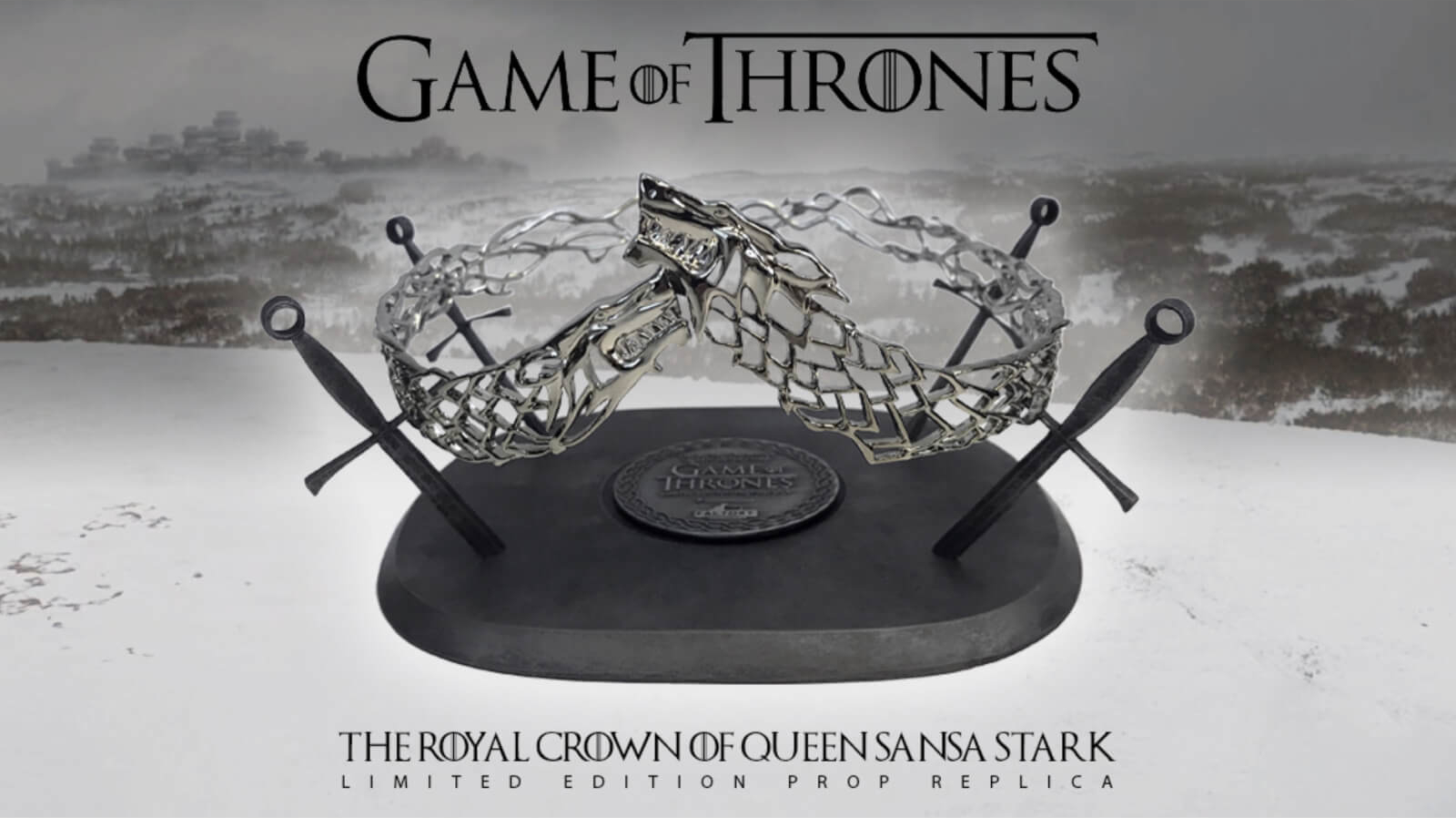 Image of the Sansa Stark Crown with text on screen reading Game of Thrones, The Royal crown of Queen Sansa Stark. Limited edition prop replica