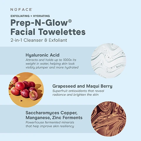 Image 1, exfoliating and hydrating. prep n glow facial towelettes 2 in 1 cleanser and exfoliant. hyaluronic acid = attracts and holds up to 1000 times its weight in water, helping skin look visibly plumper and more hydrated. grapeseed and maqui berry = superfruit antioxidants that reveal radiance and brighten the skin. saccharomyces copper, manganese, zinc ferments = powerhouse fermented minerals that help improve skin resiliency. image 2, 1 = cleanse with the smooth side. 2 = exfoliate with the textured side.