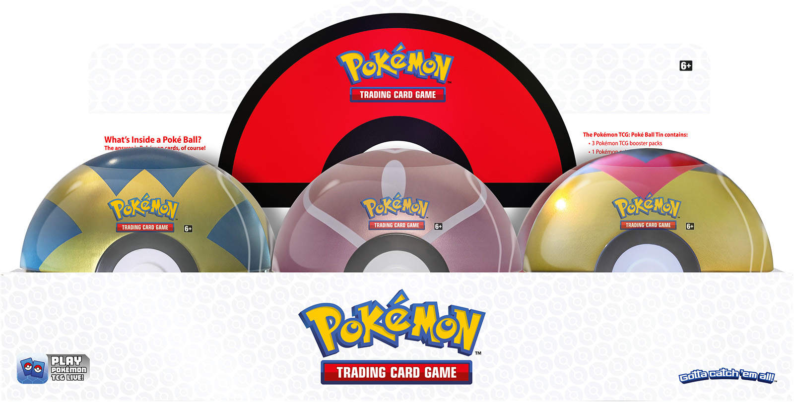 Pokémon - What's inside a Pokeball banner. Contains 3 Pokemon TCG Booster Packs, and 1 Pokemon Coin 