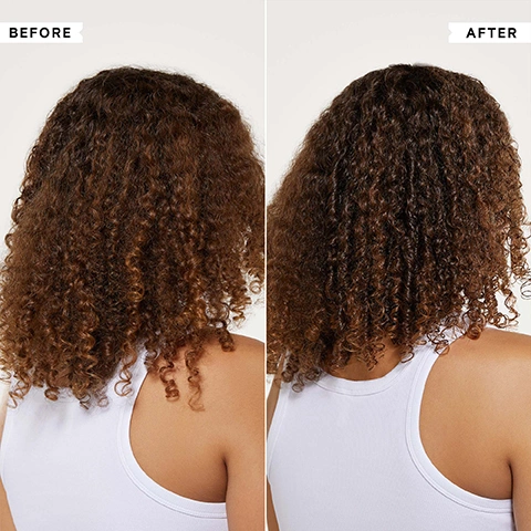 Image 1 - A side-by-side comparison of a persons brown curly hair from the back, showing the hair before treatment as frizzy and less defined, and after treatment as shinier and more defined, with text labels BEFORE and AFTER. Image 2 - A womans hand with light pink nails holds a white and pink tube of Philip Kingsley hair product on a light gray background and the visible text on the image reads ELASTICIZER BOOSTER: USE IT YOUR WAY 1. In place of your usual conditioner for a richer condition. 2. Layered over the top of your conditioner for an instant hydrating boost. 3. As a 5-10 minute flash mask. The product tube itself also displays PHILIP KINGSLEY ELASTICIZER BOOSTER Nourishes and protects damaged hair Nourrie et protège les cheveux abîmés RESTORING CONDITIONER APRÈS-SHAMPOOING RÉPARATEUR 150ml 5.07 fl oz. Image 3 - A white Philip Kingsley Elasticizer Booster Restoring Conditioner tube is displayed on a light background, with accompanying text After first use, 9 out of 10 reported HAIR felt SOFTER*, 9 out of 10 reported HAIR looked HEALTHIER**, Elasticizer Booster Nourishes and protects damaged hair Nourrie et protège les cheveux abîmés, Restoring Conditioner Après-Shampooing Réparateur, 150ml 5.07 fl oz, *INDEPENDENT USER TRIALS, **INDEPENDENT USER TRIAL AFTER 2 WEEKS USE.