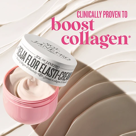 Image 2 - An open pink jar of Sol de Janeiro Beija Flor Elasti-Cream, with its white lid partially removed revealing the cream inside, is set against a textured creamy background, with text reading CLINICALLY PROVEN TO boost collagen* and on the lid SOL DE JANEIRO BODY CARE BEIJA FLOR ELASTI-CREAM Boosts Collagen & Elasticity Stimule le collagene & lelasticite. Image 3 - A flat lay image shows a swirl of white cream surrounded by ingredients and descriptive text: CACAY OIL retinol alternative that supports cell renewal, illustrated by brown cacay nuts, empty shells, and yellow oil drops; VEGAN COLLAGEN visibly plumps skin, depicted by white powder in a spoon and a pile; and PLANT SQUALANE deeply hydrates, represented by clear liquid drops and a green plant piece. Image 4 - A stack of four Sol de Janeiro body cream jars, with white lids, from top to bottom, a pink jar, a light pink jar, a yellow jar, and a purple jar, is displayed next to text that reads: nourish SKIN WITH BENEFIT-PACKED BODY CREAM, visibly brightens, SOL DE JANEIRO BOM DIA BRIGHT CREAM Visibly Brightens, Smooths Roughness Illumine visiblement, lisse la peau, boosts collagen* Based on a nine-day clinical ex vivo study vs. control., SOL DE JANEIRO BEIJA FLOR ELASTI-CREAM Boosts Collagen & Elasticity Stimule le collagène et lélasticité, visibly tightens, SOL DE JANEIRO BRAZILIAN BUM BUM CREAM Visibly Firms & Tightens, Fast Absorbing Raffermit visiblement, pénétration rapide, replenishes skins barrier, SOL DE JANEIRO DELICIA DRENCH BODY Relieves dry skin, repairs moisture barrier Apaise les peaux sèches, répare la barrière dhydratation.