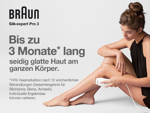 BRAUN Silk-expert Pro 3 Bis zu 3 Monate lang seidig glatte Haut am ganzen Körper. 74% Haarreduktion nach 12 wöchentlichen Behandlungen (Gesamtergebnis für Bikinizone, Beine, Achseln). Individuelle Ergebnisse können variieren.
