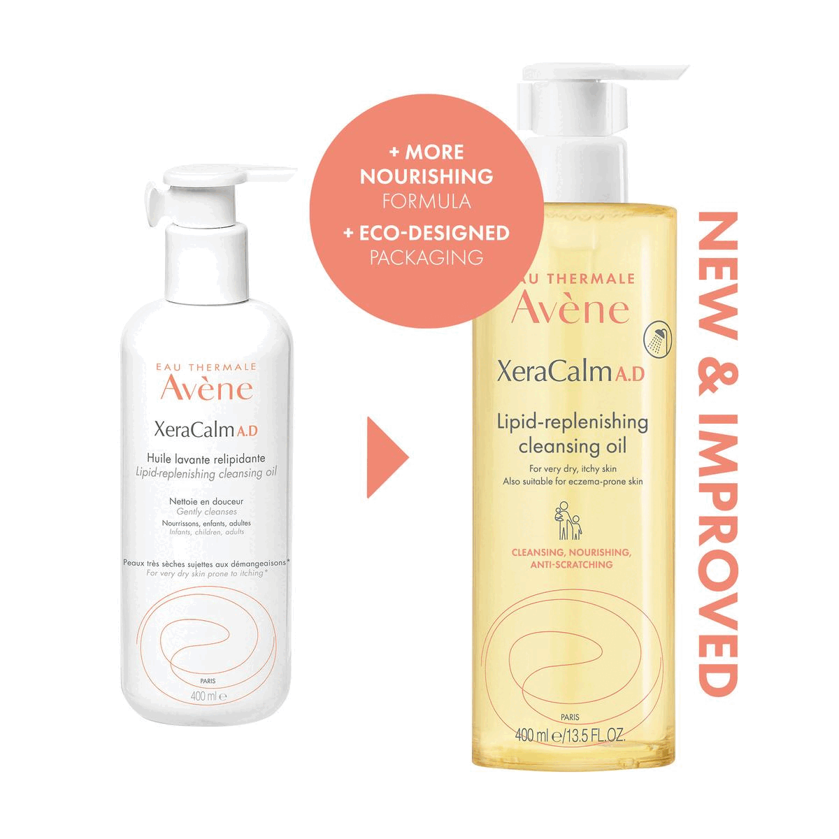 Image 1, new and improved, more nourishing formula and eco-designed packaging. Image 2, gently cleanses the skin and protects it against the drying effects of water. Image 3, product benefits. Image 4, rich and nourishing texture. Image 5, the routine