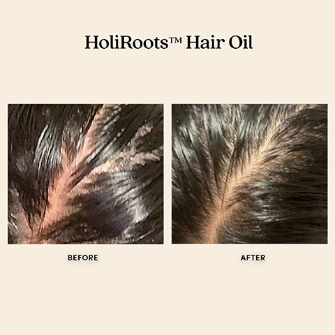 image 1 and 2, holiroots hair oil before and after. image 3, the holiroots ritual. all hair types, no silicones, cruelty free, vegan formula