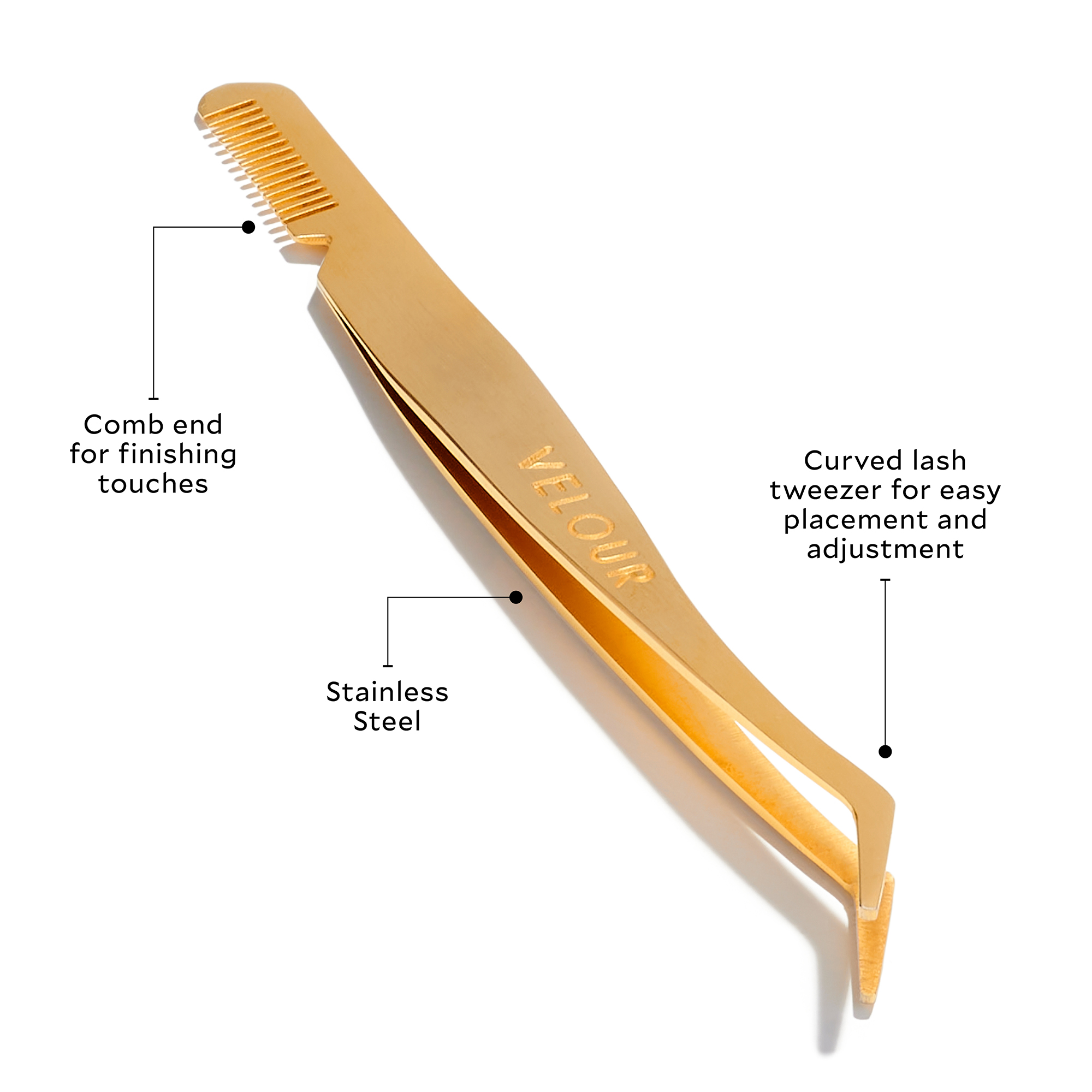 comb end for finishing touches, stainless steal, curved lash tweezer for easy placement and adjustment