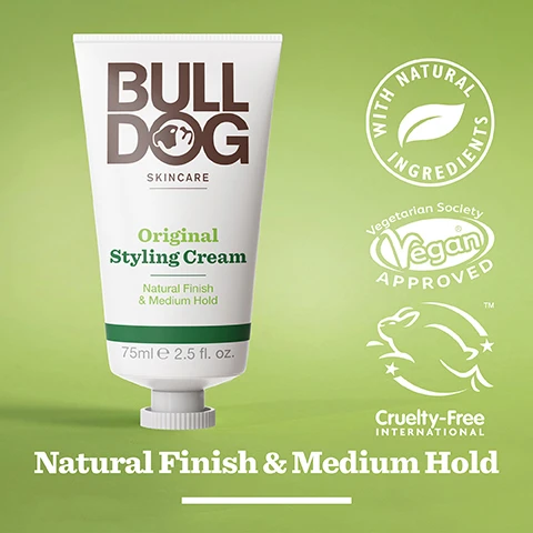 Image 2 - A white tube of Bulldog Skincare Original Styling Cream with a green background, displaying the text BULLDOG SKINCARE Original Styling Cream Natural Finish & Medium Hold 75ml 2.5 fl. oz. along with icons for with natural ingredients, Vegan Approved, and Cruelty-Free International.
              Image 3 - An image of creamy shea butter with a light green background and text that reads Shea Butter, Responsibly Sourced Shea Butter, Natural Finish & Medium Hold.
              Image 4 - A smiling man with short, curly hair wearing a green shirt is shown against a gray background, with text below him reading All Hair Types.
              Image 5 - A white tube of Bulldog Skincare Original Styling Cream with a green cap displays text highlighting its natural finish, medium hold, and shea butter content, set against a light green background, and includes notes that the tube is recycled and made from over 70% plastic from sugarcane.
              Image 6 - Four hair styling products from Bulldog Skincare are arranged on a light green background, including a pomade, styling cream, salt spray, and styling clay, with the text Seriously Good Hair Styling displayed below the products.