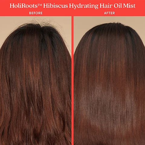 image 1 and 2, holiroots hibiscus hydrating hair oil mist before and after.