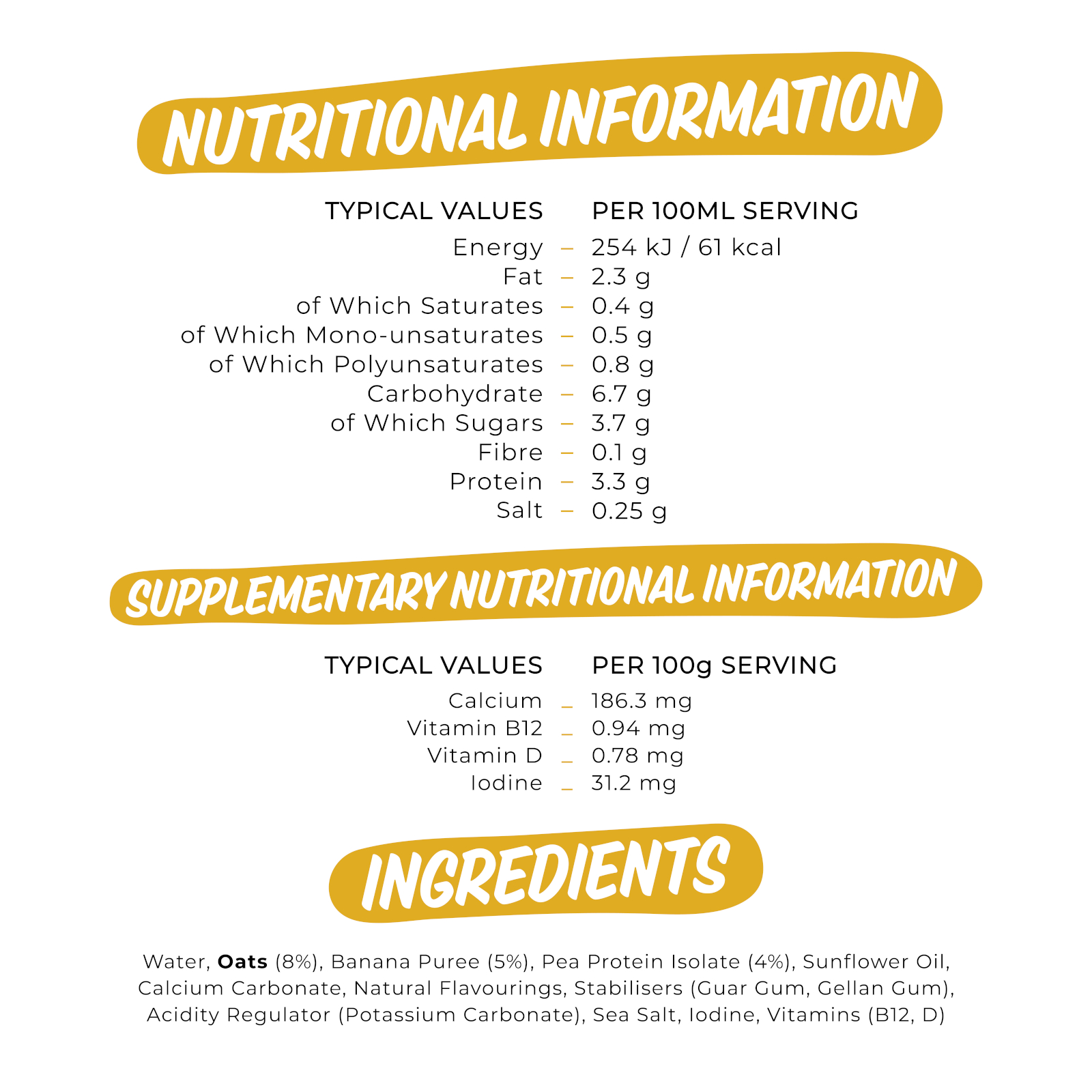 TYPICAL VALUES PER 100ML SERVING Energy - 254 kJ / 61 kcal Fat 2.3 g of Which Saturates 0.4 g of Which Mono-unsaturates 0.5 g of Which Polyunsaturates - 0.8 g Carbohydrate - 6.7 g of Which Sugars 3.7 g Fibre 0.1 g Protein - 3.3 g Salt 0.25 g 
                          SUPPLEMENTARY NUTRITIONAL INFORMATION TYPICAL VALUES PER 100g SERVING Calcium _ 186.3 mg Vitamin B12 _ 0.94 mg Vitamin D _ 0.78 mg Iodine _ 31.2 mg 
                          Water, Oats (8%), Banana Puree (5%), Pea Protein Isolate (4%), Sunflower Oil, Calcium Carbonate, Natural Flavourings, Stabilisers (Guar Gum, Gellan Gum), Acidity Regulator (Potassium Carbonate), Sea Salt, Iodine, Vitamins (B12, D) 

                          