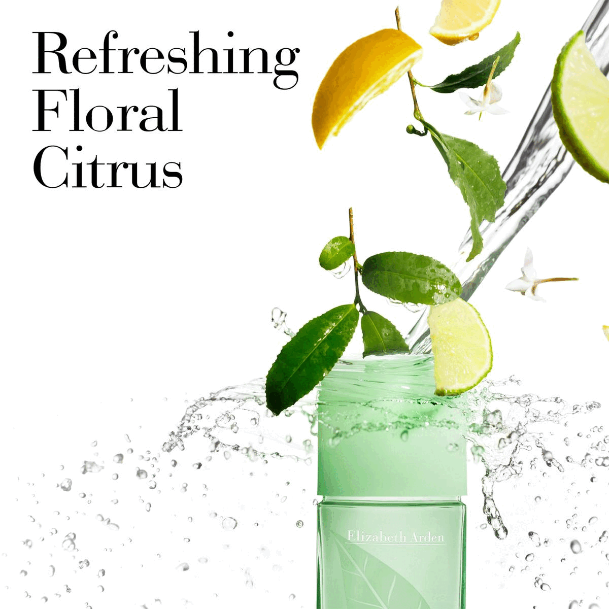 Image 1: Refreshing, floral, Citrus. Image 2: Key Notes: Top, Lemon. Heart, Green Tea. Base, Oakmoss
