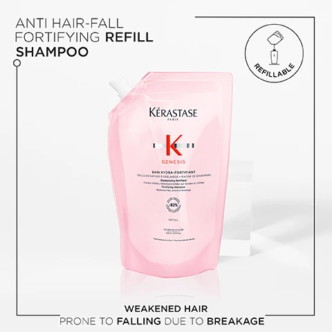 image 1, anti hair fall fortifying refill shampoo. weakened hair prone to falling due to breakage. image 2, 84% less hair fall due to breakage. more fibre strength. more hair resiliance. image 3, before and after. image 4, ginger root, edelweiss native cells. aminexil.