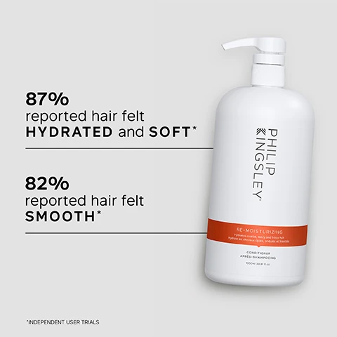 Image 1 - A large white bottle of Philip Kingsley Re-Moisturizing Conditioner with a pump top, displaying statistics that 87% reported hair felt hydrated and soft and 82% reported hair felt smooth, along with the note of independent user trials.
              Image 2 - An image of a textured, cream-like background with bullet points listing key benefits: intensely hydrates, tames and smoothes coarse, wavy and frizzy hair; reduces frizz and adds shine; optimizes moisture retention so strands stay nourished and glossy throughout the day.
              Image 3 - A woman with long, wavy, dark hair smiles at the camera, accompanied by a customer review text stating she has wavy, coarse, thick hair and this product has been a miracle; her hair is now softer and the frizz is tamed, as a bonus her waves seem more defined too.
              Image 4 - An illustration of a creamy hair product with a swirl applied on a light gray background, accompanied by text listing key ingredients: Hydrolyzed Oat Protein and Unique Blend of Waxes, along with their benefits for hair.
              Image 5 - Image showing two women’s hairstyles side by side; the left side labeled Before features wavy, voluminous dark hair, while the right side labeled After displays sleek, straight dark hair.
              Image 6 - A person with wavy, wet hair is using a comb to apply product to the mid-lengths and ends of their hair, alongside the text that reads trichologist tip: After shampooing, gently work into the mid-lengths and ends of the hair, avoiding the roots. Rinse well.
