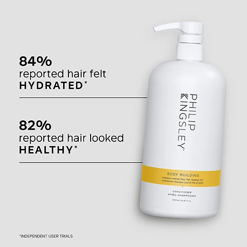 Image 1 - A large white shampoo bottle with a pump dispenser labeled BODY BUILDING is shown alongside statistics indicating that 84% reported hair felt hydrated and 82% reported hair looked healthy.
              Image 2 - Image shows a textured white surface with text listing key benefits, which reads: KEY BENEFITS, Ultra-lightweight formula adds moisture without heaviness, Delivers volume, smoothness and shine, Controls flyaways and frizz.
              Image 3 - A woman with light brown hair smiles over her shoulder, with text beside her stating a customer review about a hair conditioner that mentions it feels weightless and leaves hair soft and manageable.
              Image 4 - An image of a scoop of a creamy white product with text listing key ingredients: HYDROLYZED WHEAT PROTEIN increases hairs ability to retain moisture by reducing porosity and BEHENTRIMONIUM CHLORIDE helps smooth the cuticle, add gloss and detangle.
              Image 5 - Image shows the back of a womans head with two sections labeled BEFORE and AFTER; the left section shows uneven, frizzy blonde hair, while the right section displays sleek, smooth, and styled blonde hair.
              Image 6 - A woman with wet, shoulder-length hair is shown from behind, accompanied by the text TRICHOLOGIST TIP: After shampooing, gently work into the mid-lengths and ends of the hair, avoiding the roots. Rinse well.