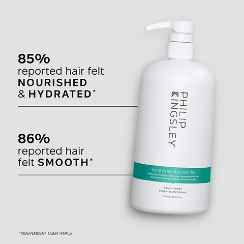 Image 1 - A white bottle of conditioner labeled PHILIP KINGSLEY with a green band reading MOISTURE BALANCING CONDITIONER, displaying statistics that 85% reported hair felt nourished and hydrated and 86% reported hair felt smooth, with a note about independent user trials.
              Image 2 - A smooth, white background with bullet points listing key benefits of a product: Lightweight yet deeply conditioning, Reduces breakage, Anti-static formula adds shine and strength.
              Image 3 - A close-up image of a person with wet hair being styled with a black comb, accompanied by a customer review stating it leaves hair healthy, hydrated, and in really great condition without looking or feeling weighed down.
              Image 4 - Image shows a smooth white dollop of product on a light gray background, with text listing key ingredients: GUAR provides static-free control and smoothness while retaining natural volume, SILICONE adds shine and reduces static, and HYDROLYZED ELASTIN is a protein that penetrates the hair shaft, increasing elasticity without weighing hair down.
              Image 5 - Image shows a comparison of hair results with the left side labeled BEFORE displaying straight, unstyled hair, and the right side labeled AFTER featuring wavy, styled hair.
              Image 6 - A person standing in a shower with wet hair, holding two hair care products, and text reads TRICHOLOGIST TIP: After shampooing, gently work into the mid-lengths and ends of the hair, avoiding the roots. Rinse well.