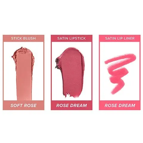 Coming Up Roses Kit includes a Stick Blush in shade Soft Rose, a Satin Lipstick in shade Rose Dream and a Lip Liner in shade Rose Dream. The image shows a sample of each of these clours