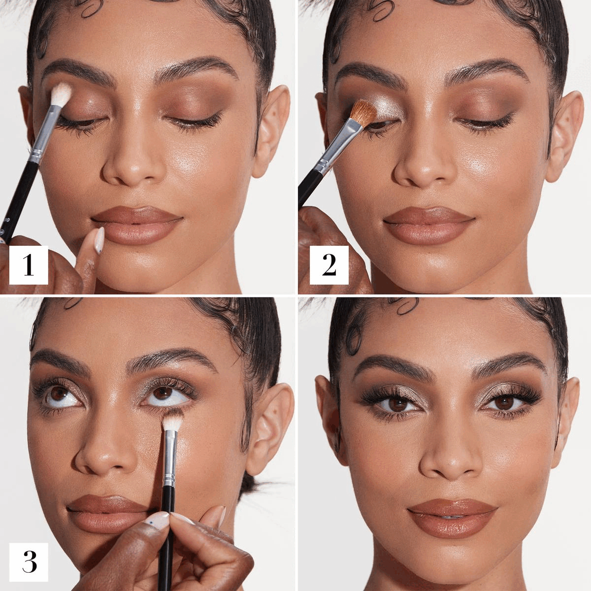 Image 1, a three step guide to eyeshadow look 1 Image 2, a three step guide to eyeshadow look 2 Image 3, a three step guide to eyeshadow look 3