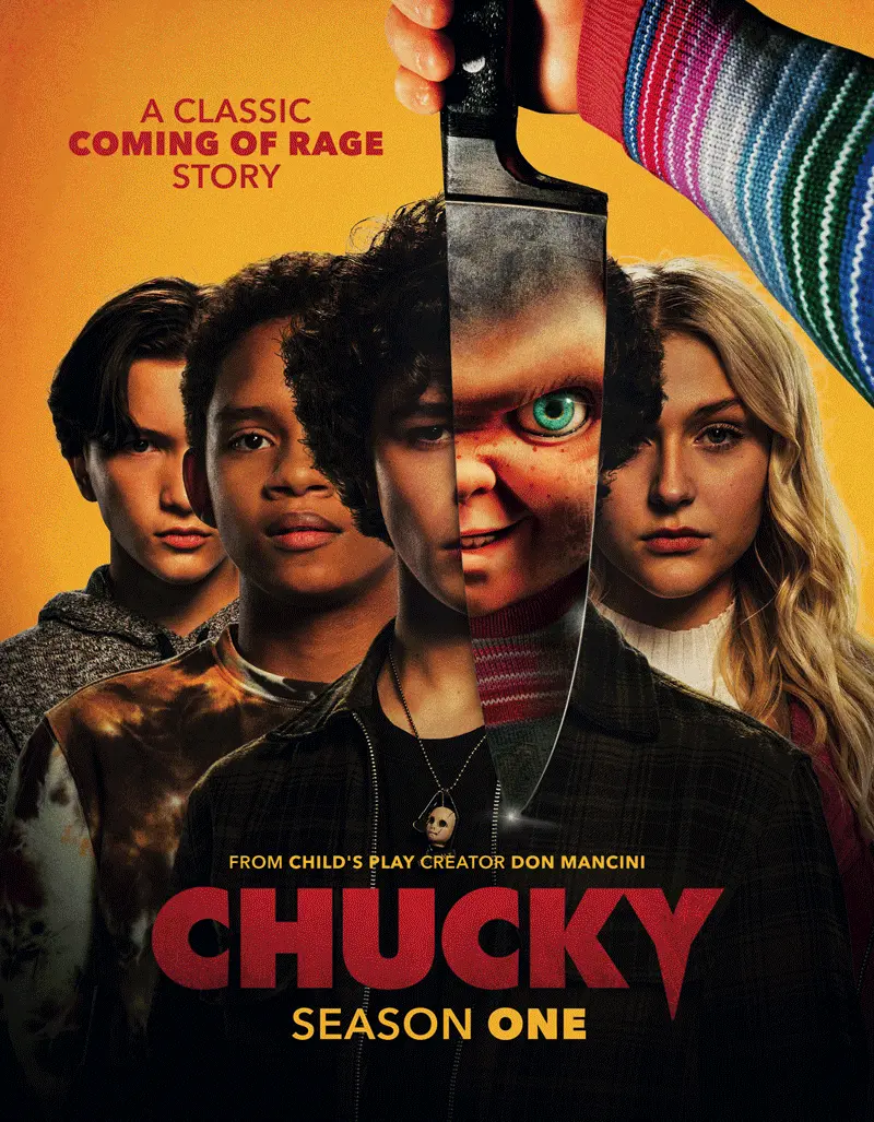 Gif of the cover for Chucky with the background moving behing a knife. Text on screen reads. A classic coming of age story. From child's play Don Mancini. Chucky. Season one.