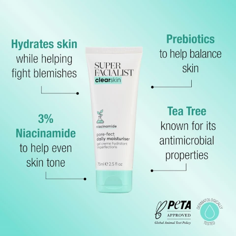 hydrates skin while helping fight blemishes. 3% niacinamide to help even skin tone. prebiotics to help balance skin. tea tree known for its antimicrobial properties. peta approve = cruelty free. dermatologically tested.