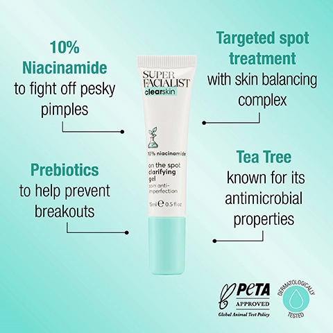10% Niacinamide to fight off pesky pimples. Prebiotics to help prevent breakouts. Targeted spot treatment with skin balancing complex. Tea Tree known for its antimicrobial properties. PeTA APPROVED Global Animal Test Policy. DERMATOLOIGALLY TESTED.