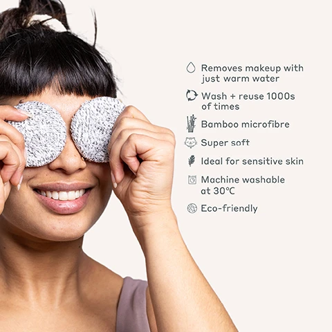 Image 1 - A smiling woman holds two round, gray makeup remover pads over her eyes while displaying text that highlights the benefits of the product: removes makeup with just warm water, wash + reuse 1000s of times, bamboo microfibre, super soft, ideal for sensitive skin, machine washable at 30°C, eco-friendly.
              Image 2 - An illustration comparing the texture of dry and wet microfiber bamboo swipes, with the text WIPE OUT and Microfibre Bamboo Swipes at the top, and DRY and WET labels at the bottom.