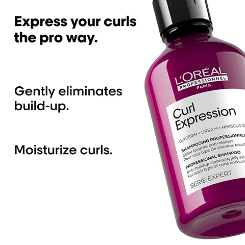 Image 1 - A purple bottle of LOréal Professionnel Curl Expression shampoo with a black cap, featuring text that states Express your curls the pro way, Gently eliminates build-up, and Moisturize curls.
              Image 2 - The image shows four pairs of Before and After comparisons of curly hairstyles, with the top two showing different curly textures and the bottom two featuring tightly coiled curls, along with a product display and the text Express your curls the pro way.
              Image 3 - Three hair care products are displayed: a shampoo bottle labeled Curl Expression, a jar labeled Curl Expression, and a tube labeled Curl Expression, accompanied by the text The curl protection professional routine and numbered steps 01 Cleanse, 02 Treat, and 03 Detangle & Protect.
              Image 4 - A close-up image of a pink liquid in a round glass container, with visible text that reads THE TECH Urea H + Hibiscus Seed Super hydrating actives.
              Image 5 - A collage of three images demonstrating hair care steps: a woman with curly hair applying product, a close-up of lathering hair, and a person using a hair dryer, with the text How to apply like a Pro and steps 01, 02, and 03 listed.