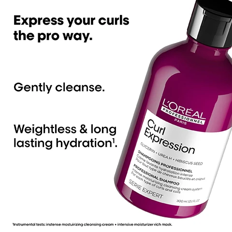 Image 1 - A purple bottle of LOréal Curl Expression shampoo is displayed at an angle, with the text Express your curls the pro way, Gently cleanse, and Weightless & long lasting hydration nearby, along with a note about instrumental tests.
              Image 2 - Image shows four side-by-side comparisons labeled Before and After showcasing the results of a hair product on curly hair, with text below reading Express your curls the pro way and an assortment of hair care products displayed at the bottom.
              Image 3 - Image of three hair care products from LOreals Curl Expression line, including a shampoo, a treatment, and a detangler, with the heading The curl protection professional routine displayed above them and labeled with numbers 01, 02, and 03 indicating the steps: Cleanse, Treat, and Detangle & Protect.
              Image 4 - A round flask filled with vibrant pink liquid swirls, featuring the text Urea H + Hibiscus Seed Super hydrating actives and THE TECH at the top.
              Image 5 - Image shows a woman with curly hair applying hair products, divided into three steps with visible text: Step 1 shows Distribute evenly on wet hair, Step 2 shows Lather. Rinse thoroughly, and Step 3 shows Air dry or blow dry.