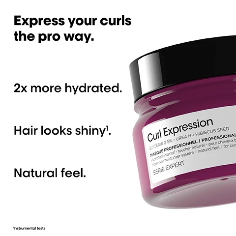 Image 1 - A jar of Curl Expression hair masque is displayed, with text that says Express your curls the pro way, 2x more hydrated, Hair looks shiny, and Natural feel.
              Image 2 - Four images show before and after comparisons of curly hairstyles with two images on top and two on the bottom, accompanied by hair care products at the bottom; visible text includes Not retouched and Express your curls the pro way.
              Image 3 - Image of three hair care products from LOréals Curl Expression line, including a shampoo bottle, a treatment jar with cream, and a styling cream tube, with the text A curl protection professional routine and numbered steps for 01 Cleanse, 02 Treat, and 03 Detangle & Protect.
              Image 4 - A round flask with a swirling pink liquid inside is shown against a black background, with visible text reading Urea H + Hibiscus Seed and Super hydrating actives.
              Image 5 - Image shows a three-step guide for applying hair products, featuring a woman with curly hair at the top right, and numbered instructions for each step: 01 Wet your hair. Apply shampoo. Rinse. 02 Towel dry and section hair. Scoop 2 fingers-worth of product per section. Lather. Work through your curls from 1-2 min. Rinse. 03 Air dry or blow dry.