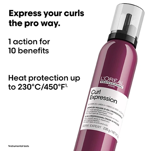 Image 1 - A bottle of LOréal Professional Curl Expression product with a purple design, displaying text that reads Express your curls the pro way. 1 action for 10 benefits Heat protection up to 230°C/450°F.
              Image 2 - The image displays four side-by-side comparisons of hairstyles labeled Before and After, showing transformations from frizzy or unstyled curls to defined and smooth curls, with a selection of hair care products at the bottom and the text Express your curls the pro way.
              Image 3 - Three bottles of LOréal Curl Expression hair care products are displayed: a cleanser, a treatment jar with a creamy texture, and a styling spray, accompanied by the text The curl protection professional routine and numbers 01, 02, and 03 for each step.
              Image 4 - A close-up of a round flask containing swirling pink liquid, with text that reads Urea H + Hibiscus Seed Super hydrating actives.
              Image 5 - Image shows a step-by-step guide for applying a hair product, including three numbered steps: 01 Apply starting from ends to lengths with a scrunching motion, 02 Follow with the drying accelerator spray for quicker drying, and 03 Air dry or blow dry.