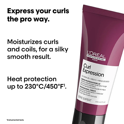 Image 1 - A tube of LOreal Curl Expression hair product with a dark burgundy label features text promoting its benefits, including moisture for curls and coils and heat protection up to 230°C/450°F.
              Image 2 - Image showing four pairs of before and after hairstyles displaying curly hair transformations, with a range of products shown at the bottom and the text Express your curls the pro way visible.
              Image 3 - Image shows three LOréal hair care products for curl protection: a purple bottle labeled Curl Expression for cleansing, a jar labeled Curl Expression for treating, and a tube labeled Curl Expression for detangling and protecting, with the text The curl protection professional routine at the top.
              Image 4 - A close-up image of a round glass vial containing a vibrant pink liquid swirled with darker tones, with text overlay that reads Urea H + Hibiscus Seed Super hydrating actives.
              Image 5 - The image shows a step-by-step guide on hair application techniques with a woman displaying curly hair and instructions, including How to apply like a Pro, 01 Dispense 2 pea-sized amounts. Spread on lengths, 02 Spread on lengths. Scrunch gently, and 03 Air dry or blow dry.