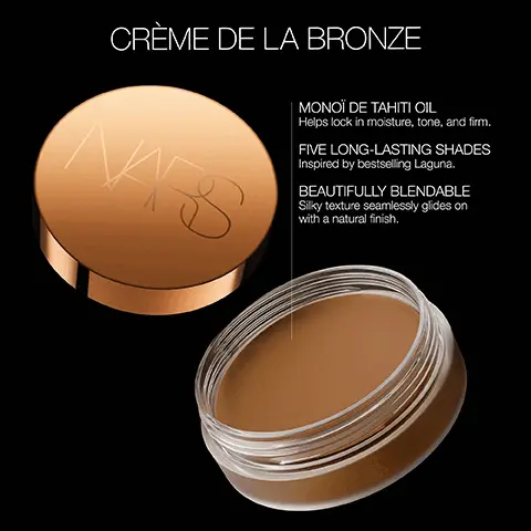 Image 1, Meet your match. Discover your perfect Laguna Bronzing Cream shade. If you wear...matte bronzing powder in Vallarta, bronzing powder in Laguna, try...Laguna 01, matte bronzing powder in Laguna, bronzing powder in Laguna, try Laguna 02 (original), bronzing powder in Casino, try Laguna 03, matta bronzing powder in Quirimba, bronzing powder in Punta Cana, try Laguna 04, matta bronzing powder in Quirimba, try Laguna 05. Image 2, Creme de la bronze: Mono de tahiti oil- Helps lock in moisture, tone and firm. Five long lasting shades- inspired by bestselling laguna. Beautifully blendable- Silky texture seamlessly glides on with a natural finish Image 3, LAGUNA 01 Light bronze with neutral undertones Image 4, LAGUNA 02 (ORIGINAL) Light-medium bronze with neutral undertones Image 5, LAGUNA 03 Medium bronze with warm undertones Image 6, LAGUNA 04 Medium-deep bronze with warm undertones
