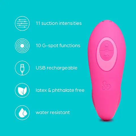 Image 1, 11 suction intensities, 10G spot functions, USB rechargeable, latex and phthalate free, water resistant. Image 2, pin point simulation, precise suction stimulation targets the clitoris and external erogenous zones. Image 3, dual pleasure, feel the vibe with 11 suction intensities and 10G spot patterns. Image 4, incredibly flexiable angle and flex the internal stimulator for G spot satisfaction. Image 5, USB rechargeable don't let the pleasure stop with easy USB recharging. Image 6, designed to satisfy enjoy two pleasure zones at once. gently insert the stimulator into your vagina and surround your clitoris with the suction head. Image 7, measurements, height 5.5 inches, insertable 4.7 inches, shaft width 1.5 inches. Image 8, Water resistant, the vibrator is fully sumergible for use in the bath or shower. Image 9, what's in the box, 1 pearl vibe toy, USB cable, storage bag, manual.