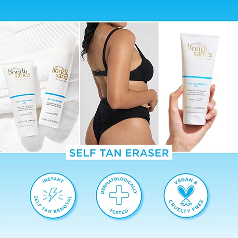 Self tan eraser. Instant self tan removal. Dermatologically tested. Vegan & cruelty free.