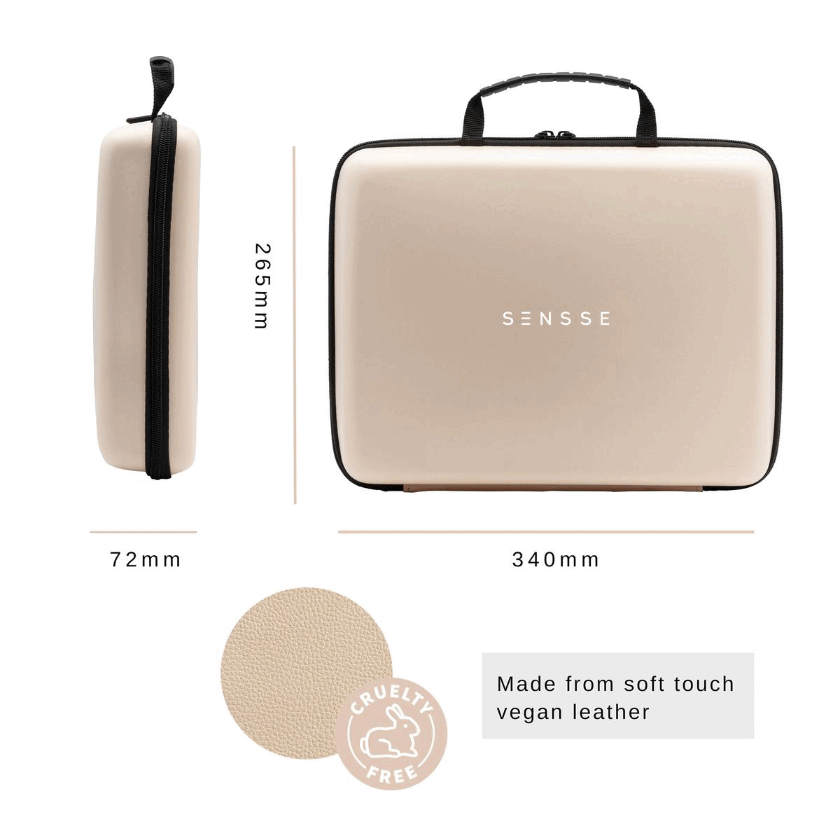 Image 1, made from soft touch vegan leather, dimensions - H, 265mm L, 340mm W, 72mm Image 2, 3 side zip with an internal storage pocket perfect for protecting and looking after your SENSSE collection