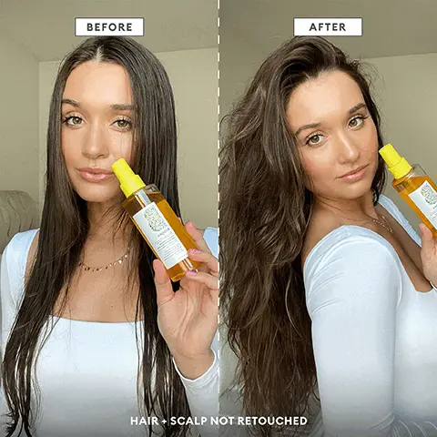 Image 1, before and after, hair and scalp not retouched. Image 2, coconut sugar = hydration and piecey texture. banana extract = antioxidant protection. coconut extract = moisturizing vitamin e. Image 3, briogeo superfoods collection, nourishes and hydrates hair with fruits, vegetables and vitamins