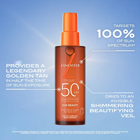 Image 1 - A brown spray bottle of Lancaster sun oil with a bright orange cap is centered on a blue background, featuring the text Targets 100% of sun spectrum, Provides a legendary golden tan in half the time of sun exposure, 50 SPF, and Dries to an invisible, shimmering beautifying veil.
              Image 2 - A round, golden droplet of liquid sits on a smooth surface, with text to the right stating INSTINCTLY MELTS INTO SKIN, SATIN DRY FINISH, and SENSORIAL AND WATER-RESISTANT FORMULA.
              Image 3 - The image shows two bottles of Lancaster Sun Beauty products, one labeled as Sun Beauty Fast Tan Optimizer with 50 SPF on the right, and a new, redesigned pack indicated with a text bubble at the top reading NEW PACK.
              Image 4 - A close-up of a womans bare arm with a light blue background, displaying instructions for applying a product: 1 SHAKE WELL TO PREP, 2 SPRAY ALL OVER BODY AND BLEND IN SEAMLESSLY, 3 REAPPLY REGULARLY TO STAY PROTECTED.