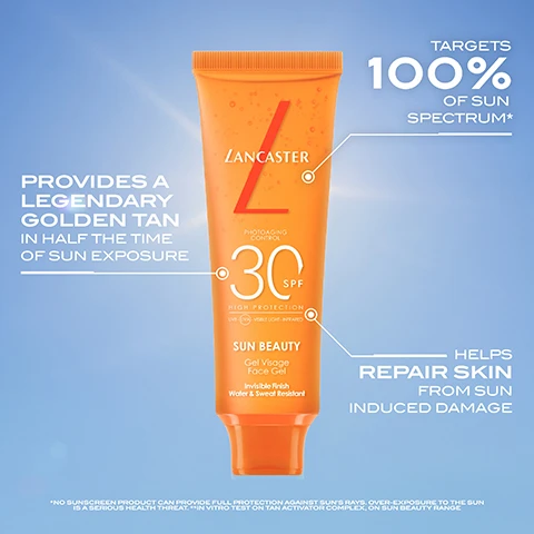 Image 1 - An orange tube of Lancaster Sun Beauty face gel sunscreen with SPF 30 against a blue background, featuring text that states it provides a legendary golden tan in half the time of sun exposure, targets 100% of sun spectrum, helps repair skin from sun-induced damage, and mentions an invisible finish.
              Image 2 - Two tubes of sunscreen from Lancaster are displayed against a blue sky background, with one labeled Sun Sport and the other Sun Beauty, both indicating 30 SPF and high protection, and the word NEW PACK in the top corner.
              Image 3 - A close-up of a persons face showing a glossy oil drop on the skin in the top image labeled Before and a smoother, matte finish in the bottom image labeled After with the text NON-GREASY FINISH.
              Image 4 - A close-up of a young man with clear skin and a slight glow, featuring text that states +82% skin cells repaired from UV-induced damage and 2H clinically proven lasting hydration.
              Image 5 - Image shows five different skincare products in orange and white packaging arranged in a row, with three corresponding texture samples below each product; visible text includes product names and descriptions such as creamy and nourishing, lightweight fluid, ultra-lightweight gel, lightweight and soothing fluid, and anti-aging efficacy.
