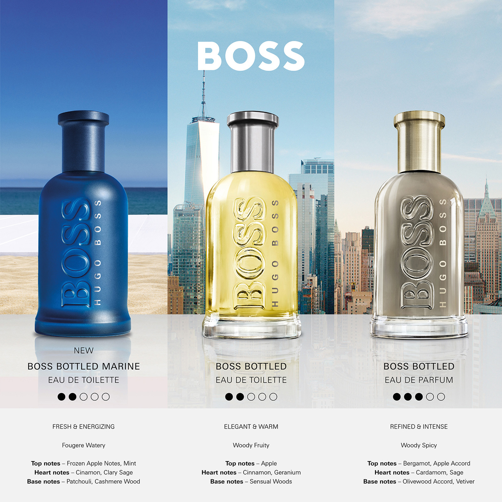Comparison between Boss Bottled Marine, Boss Bottles Eau de Toilette and Boss Bottled Eau de Parfum