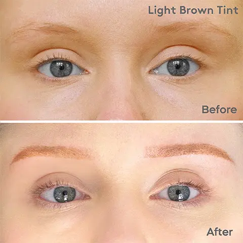 Image 1- Light brown Tint before and after model eyebrow shot. Image 2- Brown Tint before and after model eyebrow shot. Image 3- Dark Brown Tint before and after model eyebrow shot. Image 4- Black Tint before and after model eyebrow shot.