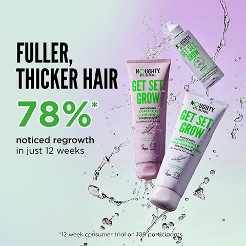 Image 1, fuller, thicker hair 78% noticed regrowth in just 12 weeks. 12 week consumer trial on 109 participants. image 2, fuller, thicker hair in just 12 weeks. week 1 vs week 12. 12 week consumer trial on 109 participants. image 3, leaping bunny approved. certified by the vegan society. B corp certified. plastic neutral.