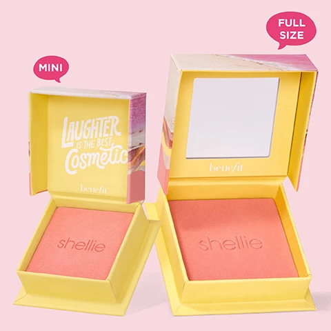 Image 1 - Image shows two cosmetic blush boxes from Benefit, one labeled MINI and the other FULL SIZE, with an open box revealing a pink blush and the text Laughter is the best Cosmetic on the inside of the larger box, and the name shellie embossed on the pink blush.
              Image 2 - The image shows three arms with various shades of swatches applied on the skin, ranging from light to dark tones, labeled with the names Dandelion, Shellie, Crystal, Sunny, Peachin, Butterfly, Willa, Starlaa, Java, Pompon, Moone, and Terra.
              Image 3 - A flat lay of various colored makeup powders arranged in sections, labeled with descriptions including Silky-soft powder, Airbrushed & blurring effect, Blenable & buildable, Ultra-fine, Satins, shimmers & mattes, and Weightless.