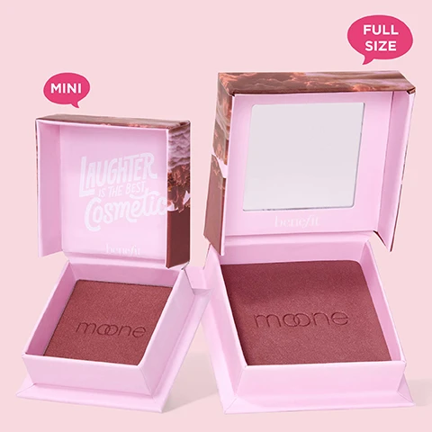 Image 1 - A pink cosmetic packaging featuring a mini blush on the left with the text Laughter is the Best Cosmetic and a full-size blush on the right with a mirror, both labeled mini and full size.
              Image 2 - Three arms are shown side by side with various shades of blush swatches on their skin, and visible text lists color names including Dandelion, Shellie, Crystal, Sunny, Peachin, Butterfly, Willa, Starlaa, Java, Pompom, Moone, and Terra.
              Image 3 - A grid of various colored powders, including text labels stating Silky-soft powder, Airbrushed & blurring effect, Blendable & buildable, Ultra-fine, Satins, shimmers & mattes, and Weightless, indicating different characteristics of the products.
              Image 4 - Image shows a side-by-side comparison of a womans face labeled Before on the left and MOONE LIT on the right, illustrating the difference in skin appearance and glow after using a product.