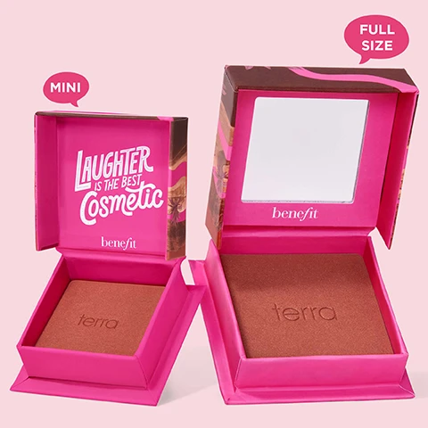 Image 1 - Image shows a pink cosmetic packaging with two open boxes, one labeled MINI on the left featuring the text Laughter is the Best Cosmetic and the brand name benefit, and the other labeled FULL SIZE on the right with a mirror and the embossed word terra on the blush.
              Image 2 - A grid of various cosmetic powders in shades of pink, peach, and brown, with visible text labels such as Silky-soft powder, Airbrushed & blurring effect, Blendable & buildable, Ultra-fine, Satins, shimmers & mattes, and Weightless.
              Image 3 - A close-up image of a womans face showing a comparison between two sides; the left side labeled BEFORE shows her natural skin, while the right side labeled TERRA-IFIC displays enhanced skin with makeup.
