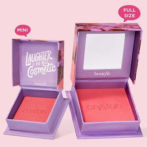 Image 1 - A side-by-side comparison of a purple cosmetic box with one side labeled MINI containing a red blush with the word crystah embossed, and another side labeled FULL SIZE featuring an empty space and the brand name benefit in a simplistic design, set against a pastel pink background.
              Image 2 - Three arms are shown, each with multiple horizontal swatches of different skin tone shades; visible text includes the names of the shades: Dandelion, Shellie, Crystal, Sunny, Peachin’, Butterfly, Willa, Starlaa, Java, Pompom, Moone, and Terra.
              Image 3 - An arrangement of various colored powders in shades of pink and brown, with labels displaying the following text: Silky-soft powder, Airbrushed & blurring effect, Blendable & buildable, Ultra-fine, Satins, shimmers & mattes, and Weightless.