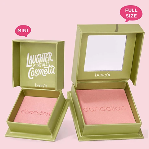 Image 1 - A green box of Benefit cosmetics containing a blush product is shown, with a smaller box labeled MINI and a larger box labeled FULL SIZE, both featuring the text Laughter is the best Cosmetic and dandelion.
              Image 2 - Three arms are shown with various swatches of makeup shades in warm tones including pinks, peaches, and browns, alongside visible text listing the names of the shades: Dandelion, Shellie, Crystalah, Sunny, Peachtin, Butterfly, Willa, Starlaa, Java, Pompom, Moone, and Terra.
              Image 3 - A flat lay of various makeup powders in different shades, with labels including Silky-soft powder, Ultra-fine, Airbrushed & blurring effect, Weightless, and Satins, shimmers & mattes.