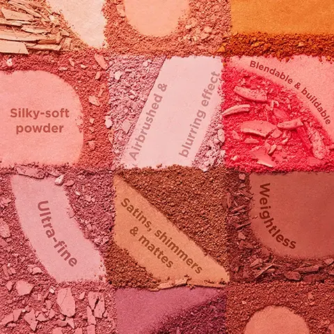 Image 1 - A collage of various textured powders in shades of pink and brown, with labels indicating their qualities: Silky-soft powder, Airbrushed & blurring effect, Blendable & buildable, Ultra-fine, Satins, shimmers & mattes, and Weightless.
              Image 2 - A split image showing a womans face before and after treatment, with BEFORE on the left side and WILLA-FIED on the right side, highlighting changes in skin appearance and texture.