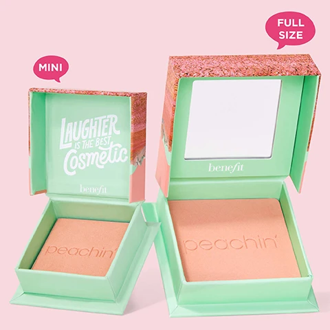 Image 1 - Image shows two opened compact makeup boxes on a pink background; the left box is labeled MINI and the right box is labeled FULL SIZE, both featuring a peach-colored powder with peachin embossed on it, and the left box has the text Laughter is the best Cosmetic inside the lid.
              Image 2 - A variety of loose powder makeup in different shades with labels describing features such as Silky-soft powder, Airbrushed & blurring effect, Blendable & buildable, Ultra-fine, Satins, shimmers & mattes, and Weightless.
              Image 3 - Side-by-side comparison of a persons face showing the left side labeled Before with visible skin imperfections and the right side labeled Just Peachy with a smoother, radiant complexion.